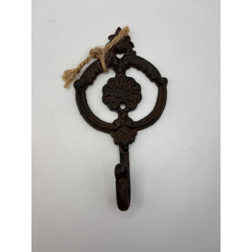 Vintage Cast Iron Wall Hook Ornate Floral Medallion Dark Brown Farmhouse Decor